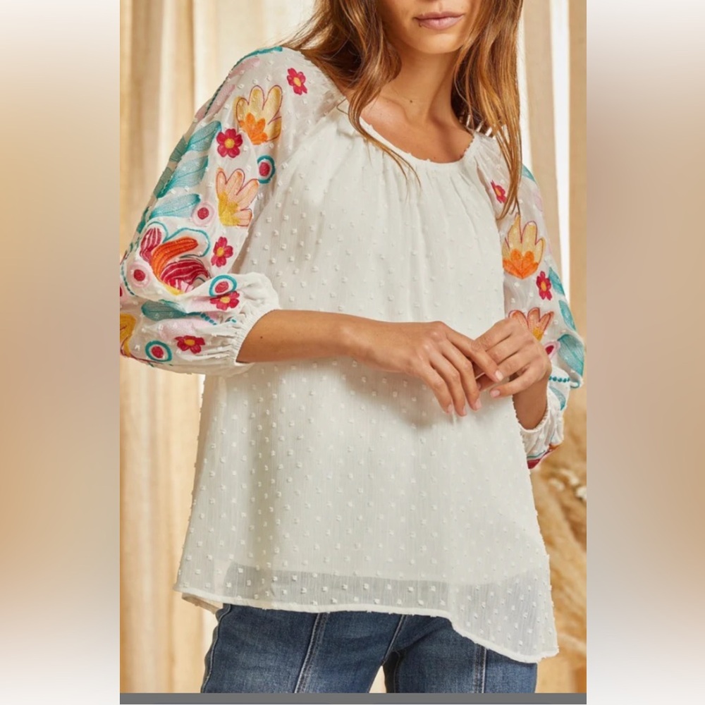 Savanna Jane blouse boho Swedish dots Floral embroidery lined sheer 3/4 sleeve